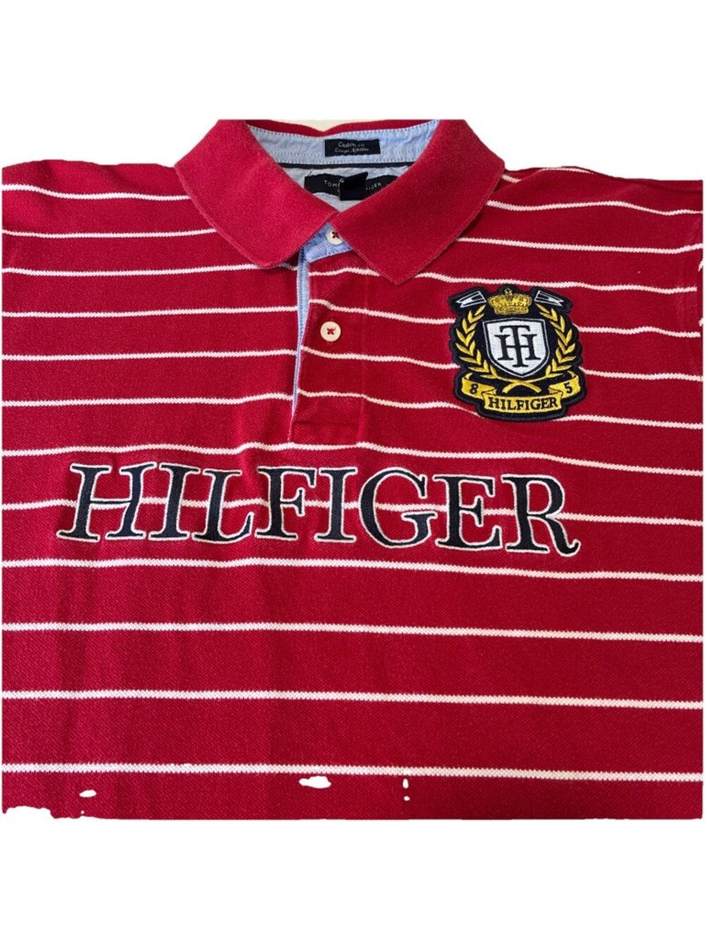Vintage Tommy Hilfiger Polo Shirt Red Striped Men XL Crest Graphic 90s Y2K style
